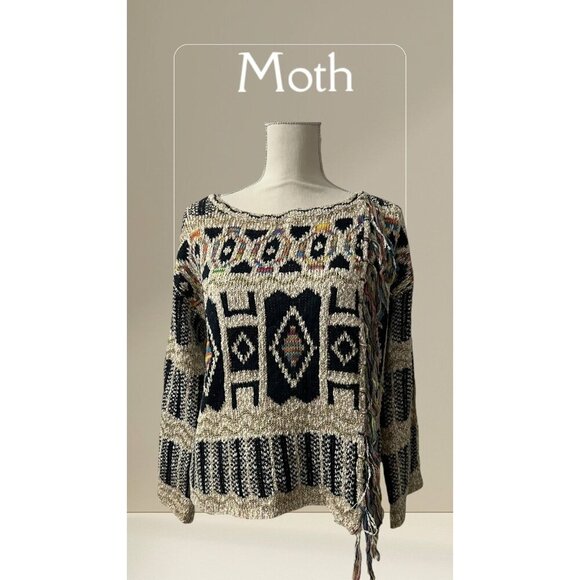 Moth Intarsia Knit Fringe Bohemian Textured Sweater Size Small - Picture 1 of 12